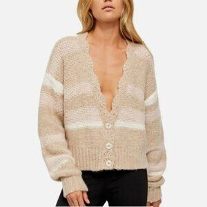 Fine Time Oversized Wool Blend Grandma Cardigan in Latte & Soft Pink